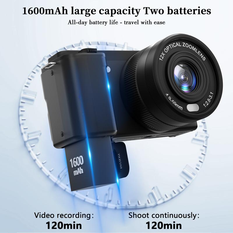 Portable Retro Camera,64MP vlogging camera with WiFi,4K Digital camera flip screen travel Camera,12X Optical Zoom ,camera microphone,64GB SD Card,Summer gift Outdoorfun