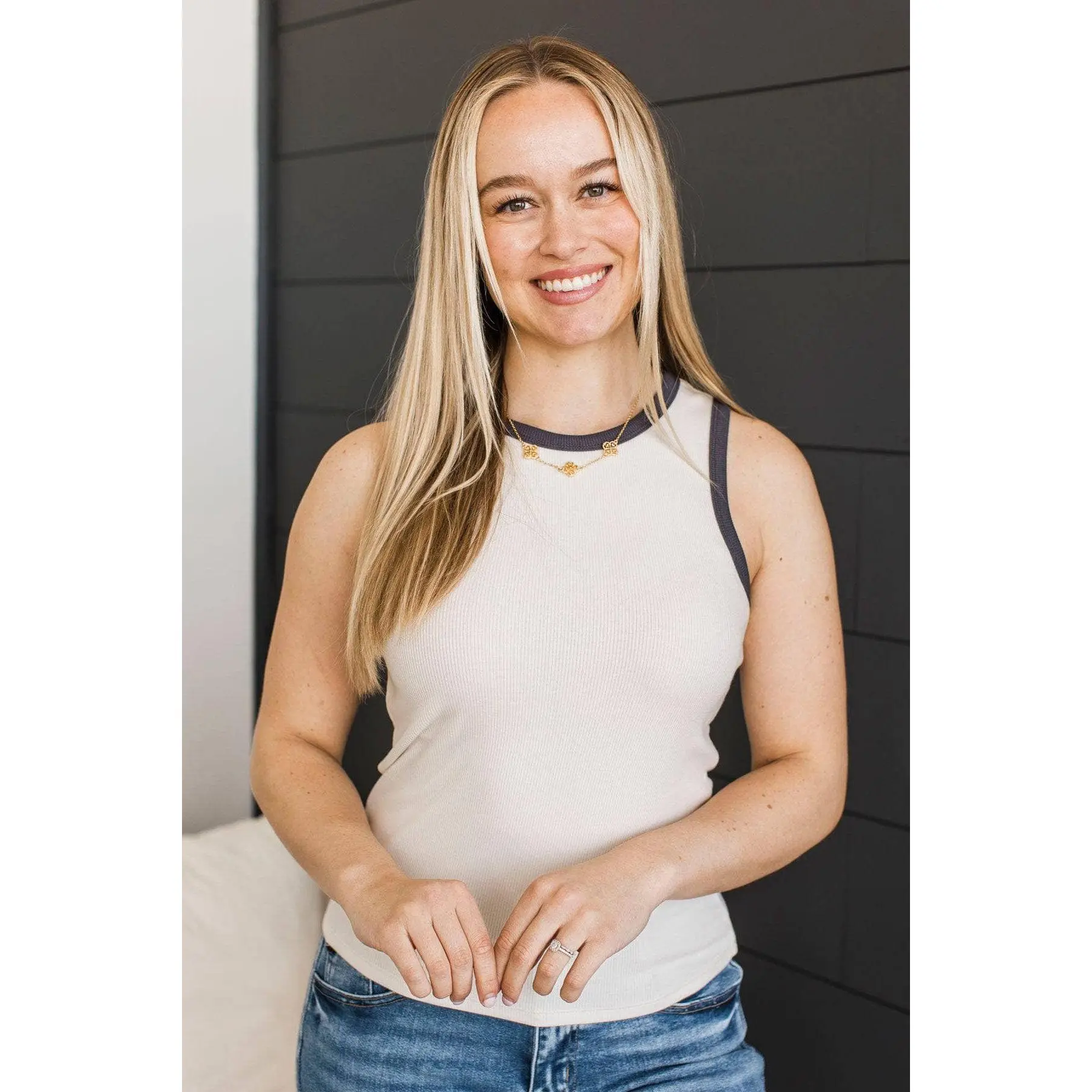 Women's Thread & Supply Contrast Tank Top - Ivory & Black, Basic Cotton Fabric, Lightweight Fit