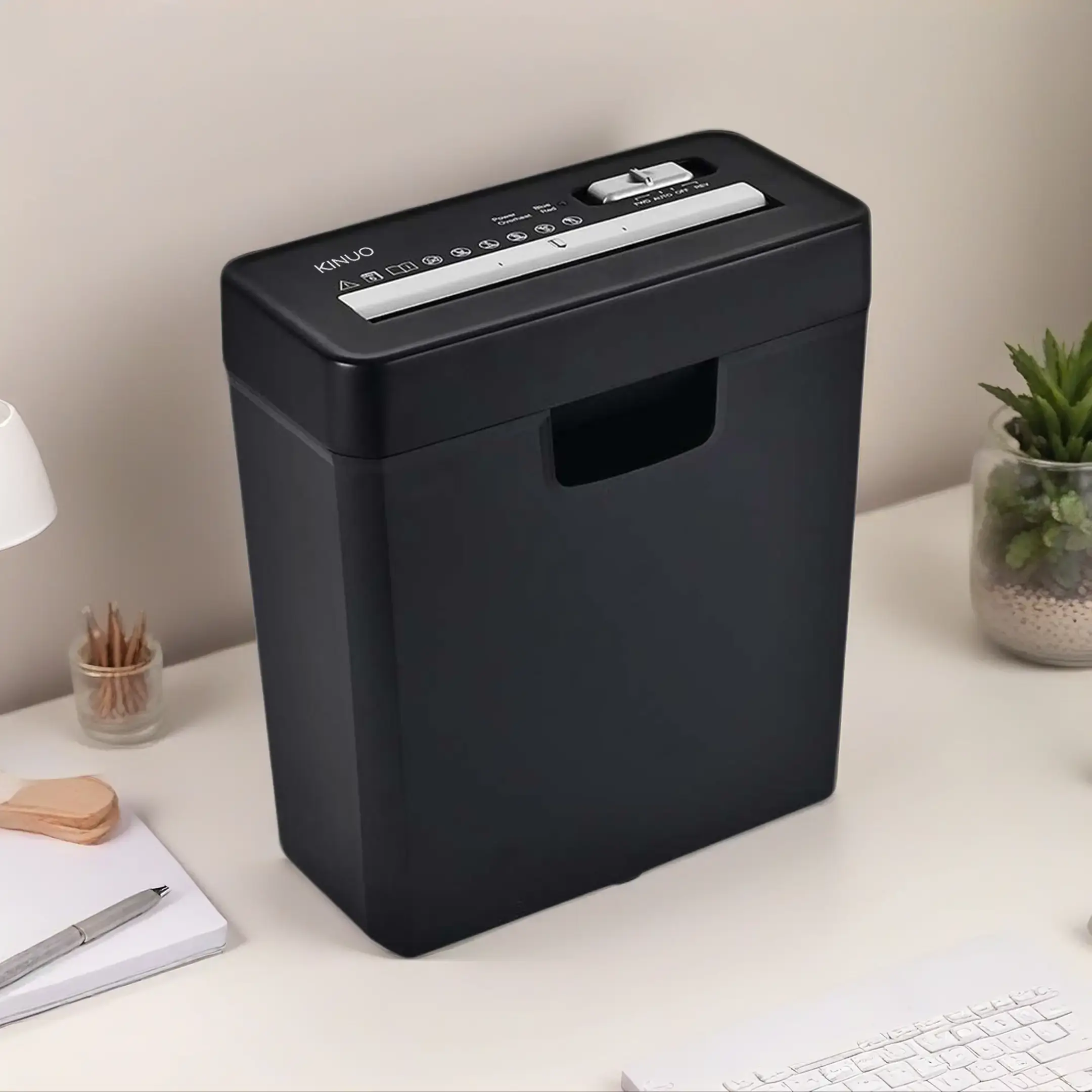 KINUO OS611S P-2 Level Strip-Cutting Document Shredder, Compact 6-Sheet Mechanical Tool for Home Office, 2.9-Gal Bin, Overheat Protection, Credit Cards Compatible, Reverse Function, Black Office Desk Accessory
