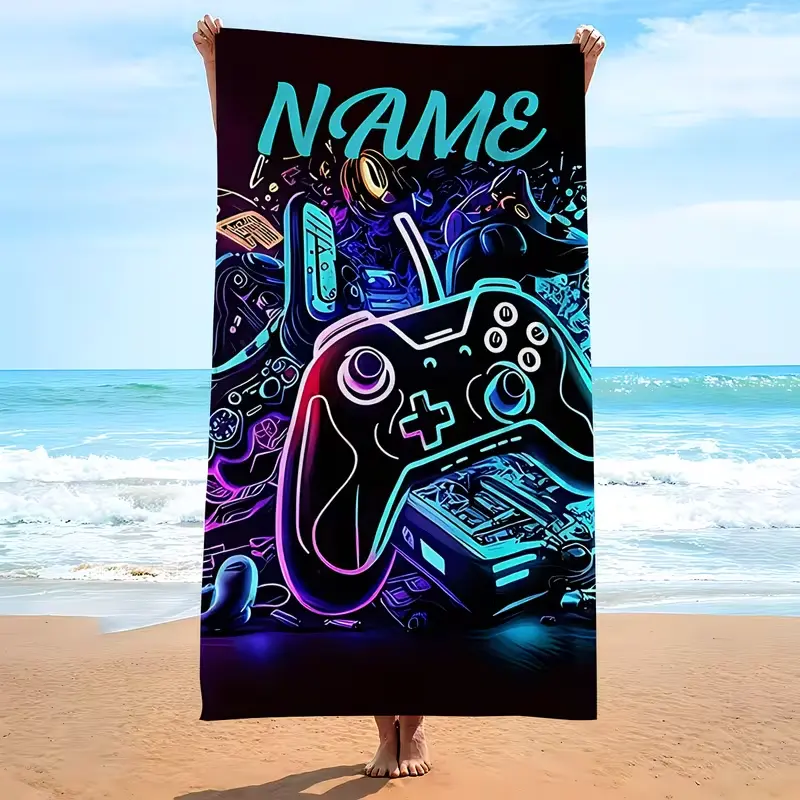 Custom Personalized Neon Game Controller Beach Towel - Custom Name Geometric Contemporary Print Microfiber, Quick Dry, Sand Resistant, Lightweight, Breathable, Oversize Pool/Bath/Shower Towel, Gamer Gift (Home & Bathroom Supplies), Teens