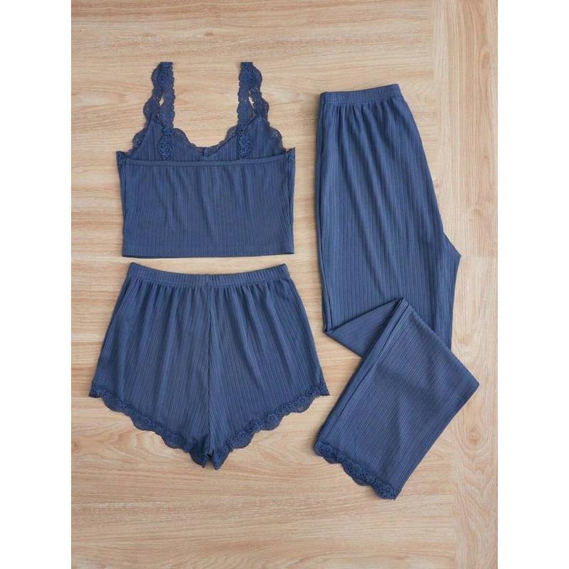 Women's Sleepwear Set, Three-Piece Round Neck Lace Trim Pajamas, Soft Breathable Comfort Casual Home Wear, Tank Top Shorts Long Pants Women's Sleepwear Set, Three-Piece Round Neck Lace Trim Pajamas, Soft Breathable Comfort Casual Home Wear, Tank Top Shorts Long Pants