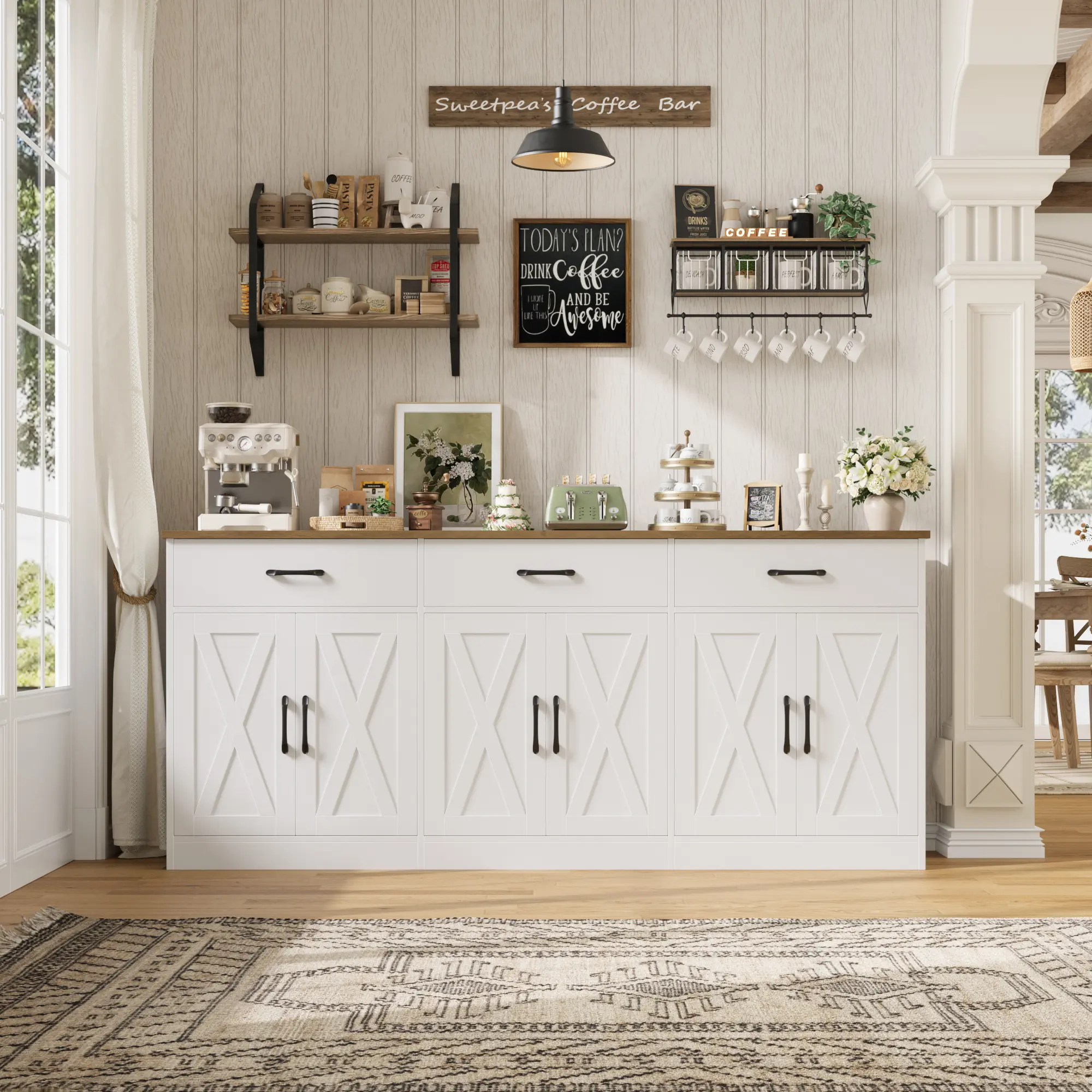 【2 packages shipping】HOSTACK 71" Large Sideboard Buffet Cabinet with 3 Drawers & 3 Cabinets for Kitchen Storage, Farmhouse Coffee Bar Cabinet for Dining Room & Living Room, Easy Assembly