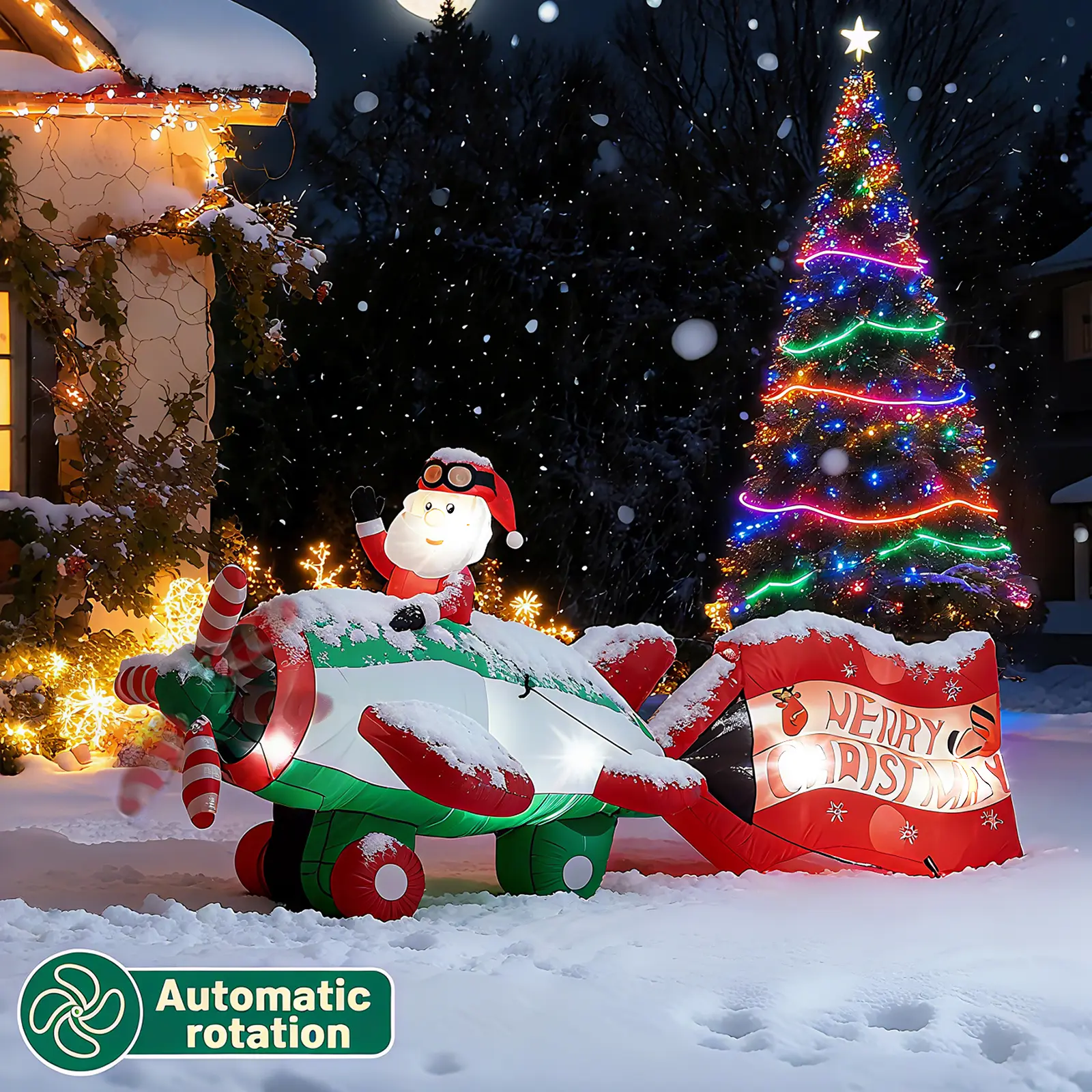 Final Sale 10.5FT Magical Classic Christmas Inflatable Decor, Giant Light-Up Rubber Santa Claus with Rotating Propeller Plane, IP44 Weatherproof Outdoor Yard Decor with 9 Built-in LED Lights for Holiday Parties, Classic Christmas Decor