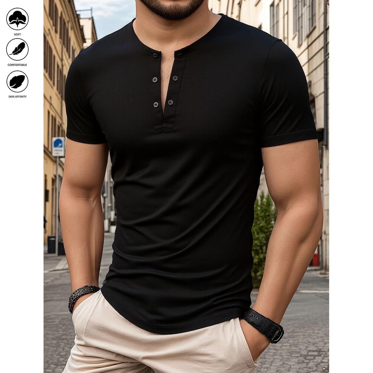 5pcs Men's Fine Pure Color Design Fashion Round Neck Short Sleeve Outdoor Sports Casual Henry Shirt