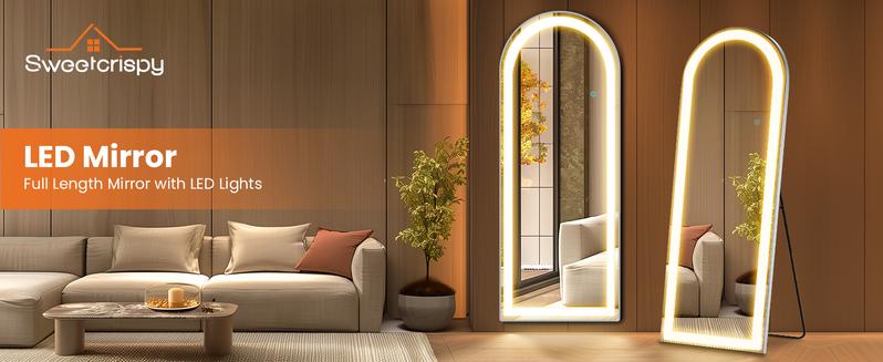 Stand Mirror Full Length with LED Lights, Floor Mirror Dimming & 3 Color Lighting, Large Mirror  for Bedroom, Glass Decorations Supplies