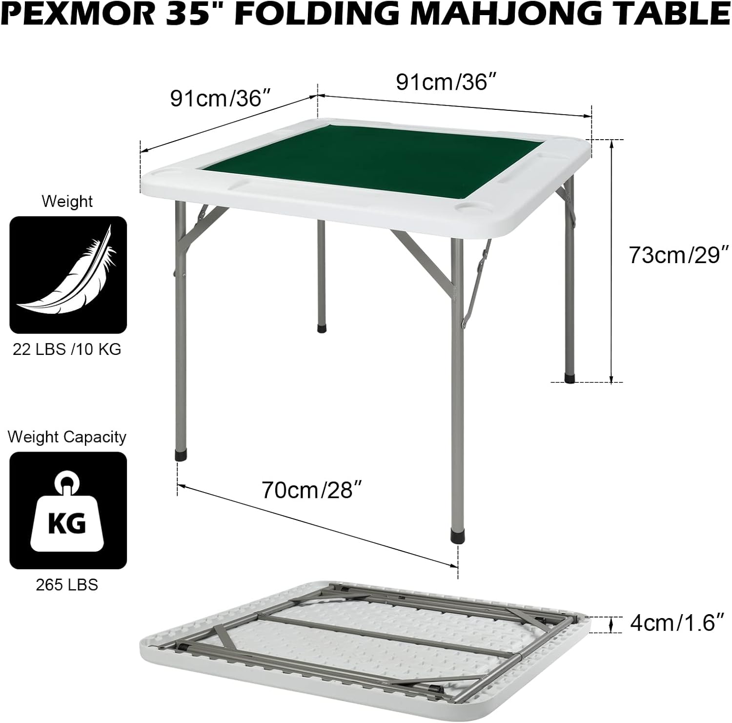 PEXMOR 35" Foldable Mahjong Table, Square 4 Player Card Game Table w/Cup Holders & Chip Grooves, Portable Folding Poker Domino Board Game Table for Blackjack, Texas Hold'em, Jigsaw Puzzles Game PEXMOR 35" Foldable Mahjong Table, Square 4 Player Card Game Table w/Cup Holders & Chip Grooves, Portable Folding Poker Domino Board Game Table for Blackjack, Texas Hold'em, Jigsaw Puzzles Game