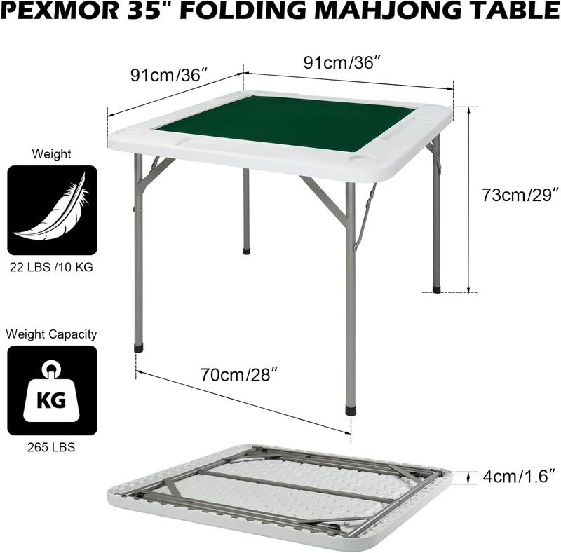 PEXMOR 35" Foldable Mahjong Table, Square 4 Player Card Game Table w/Cup Holders & Chip Grooves, Portable Folding Poker Domino Board Game Table for Blackjack, Texas Hold'em, Jigsaw Puzzles Game