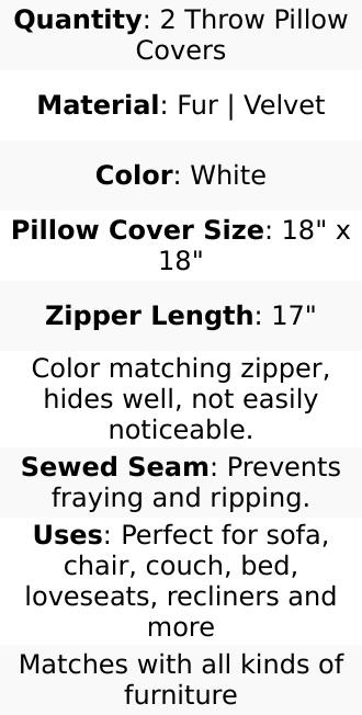 2 Pack White Faux Fur Sheepskin Throw Pillow Cases, Square Pillow Covers 18"