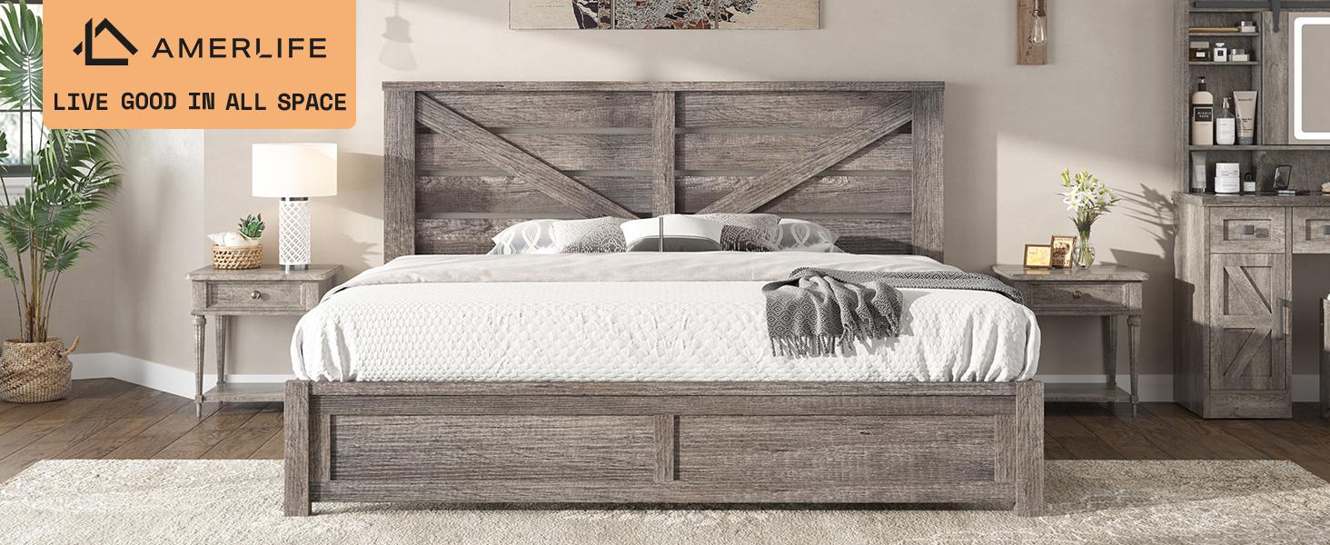 AMERLIFE  Farmhouse Bed Frame with 49.2" Barn Door Headboard, Platform Bed Frame with Wood Slats, Under Bed Storage Space, Noisy Free, Easy Assembly/Best Gift Ideas/Christmas Gifts