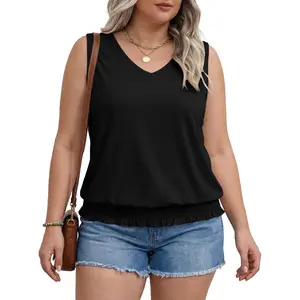 Eytino Plus Size Tops for Women Summer Sleeveless Casual Loose V Neck Smocked Bottom Shirts 2026 Fashion Tank (1X-5X)