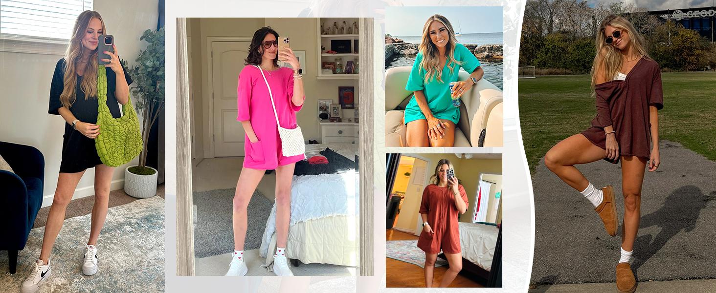 Rompers for Women Casual Oversized Athletic Jumpsuits Overalls Workout Hot Shot Tee Romper Round Neck Cute Shirt Womenswear