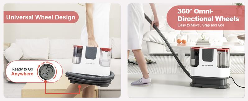 Upholstery Carpet Cleaner, MUJERBAY 12Kpa Portable Spot and Stain Cleaner, Easy Move with Universal Wheels & Handle, 1.18-inch Deep Cleaning Machine for Couch, Stairs, Car and Pet Messes. Red