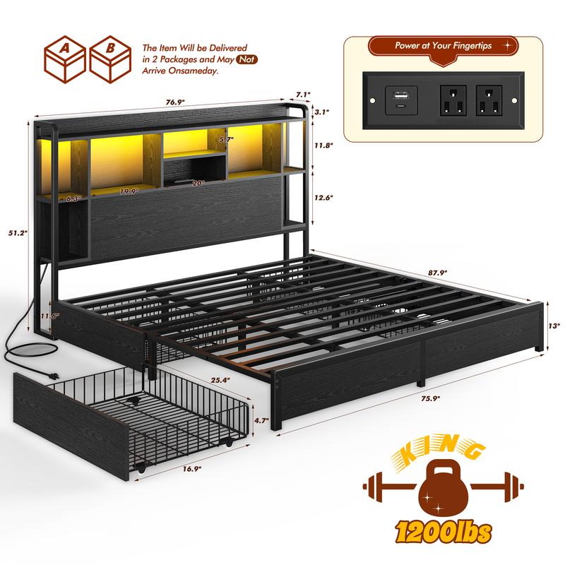 Raybee Modern Queen Bed Frame with 51" Tall Headboard, 9 Storage Compartments & 4 Drawers,  LED Platform Bed Frame with Charging Station,  Holds 1200LBS with Metal Frame  & Slats, No Noise, No Box Spring Needed,  Full, King, Black, Rustic Brown