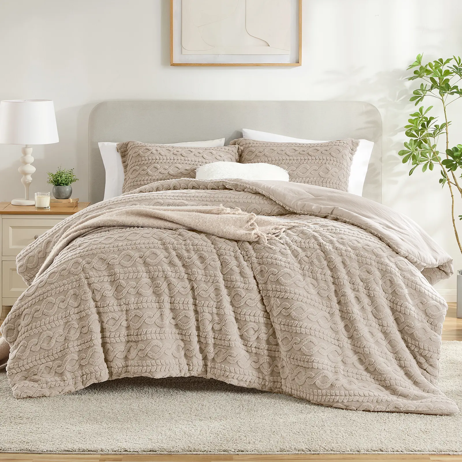 HOMELIKE MOMENT Queen Size Fluffy Fleece Touch Comforter Set, Ultra Soft Cozy Blanket, Modern Bedroom Decor, Machine Washable, Beige 3 Piece Set, Ideal All-Season Gift, Valentine Gift, Holiday Gift