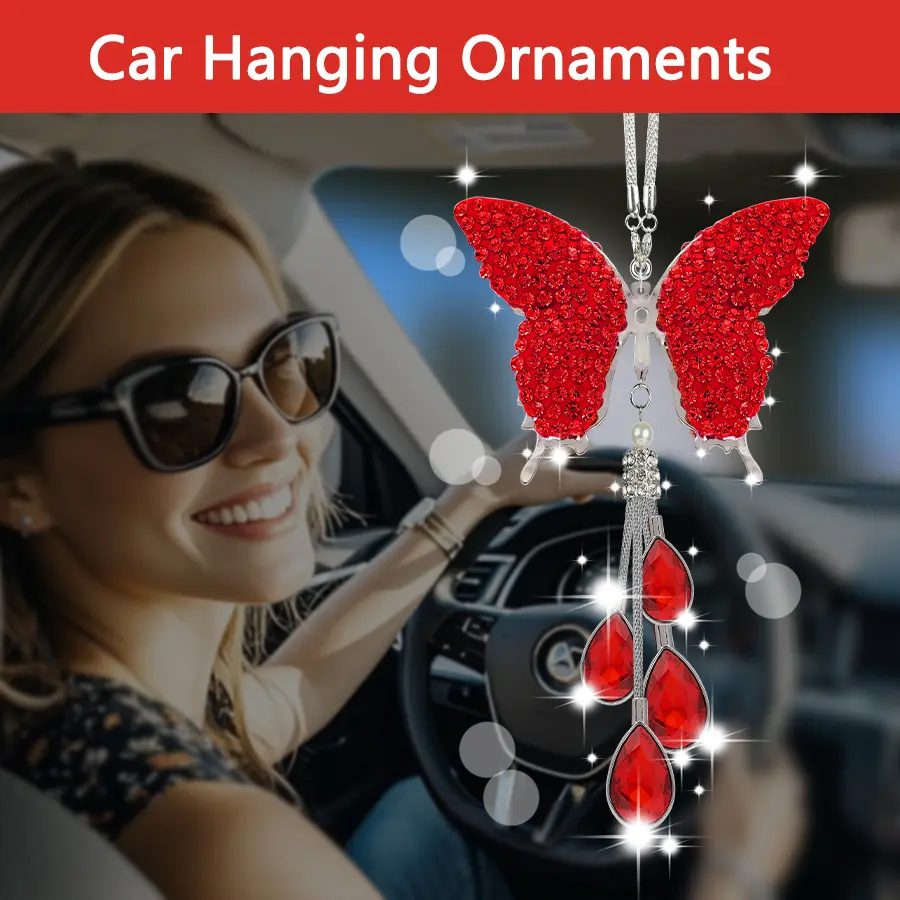 Butterfly Crystal Car Mirror Pendant with Pearl & Tassel - 29cm Adjustable Chain, 6 Colors (Red, Blue, Pink, Purple) | Elegant Auto Accessory for Her Butterfly Decor Car Hanging Decoration Car Ornament   Cars Accessories   Aar Accessories for Girls