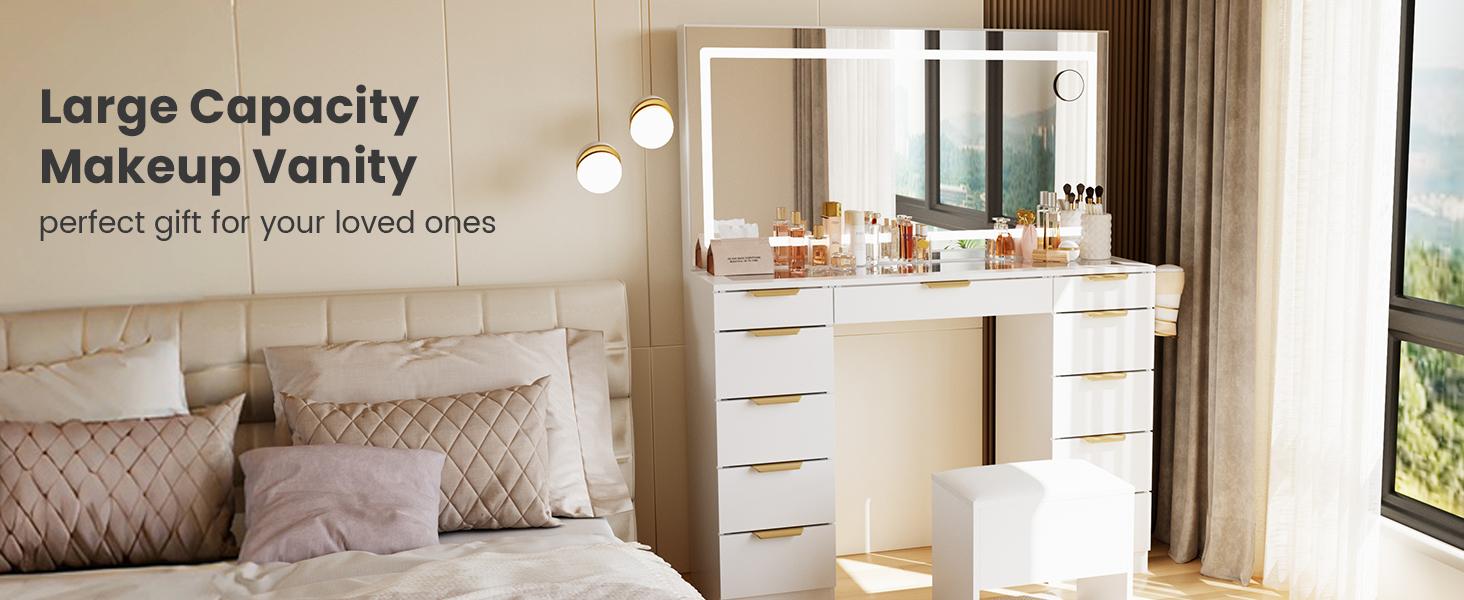 【2packages shipping】Makeup Vanity with Mirror and Drawers Vanity Desk Set with 3 Modes Adjustable Brightness Lights and USB Power Outlet