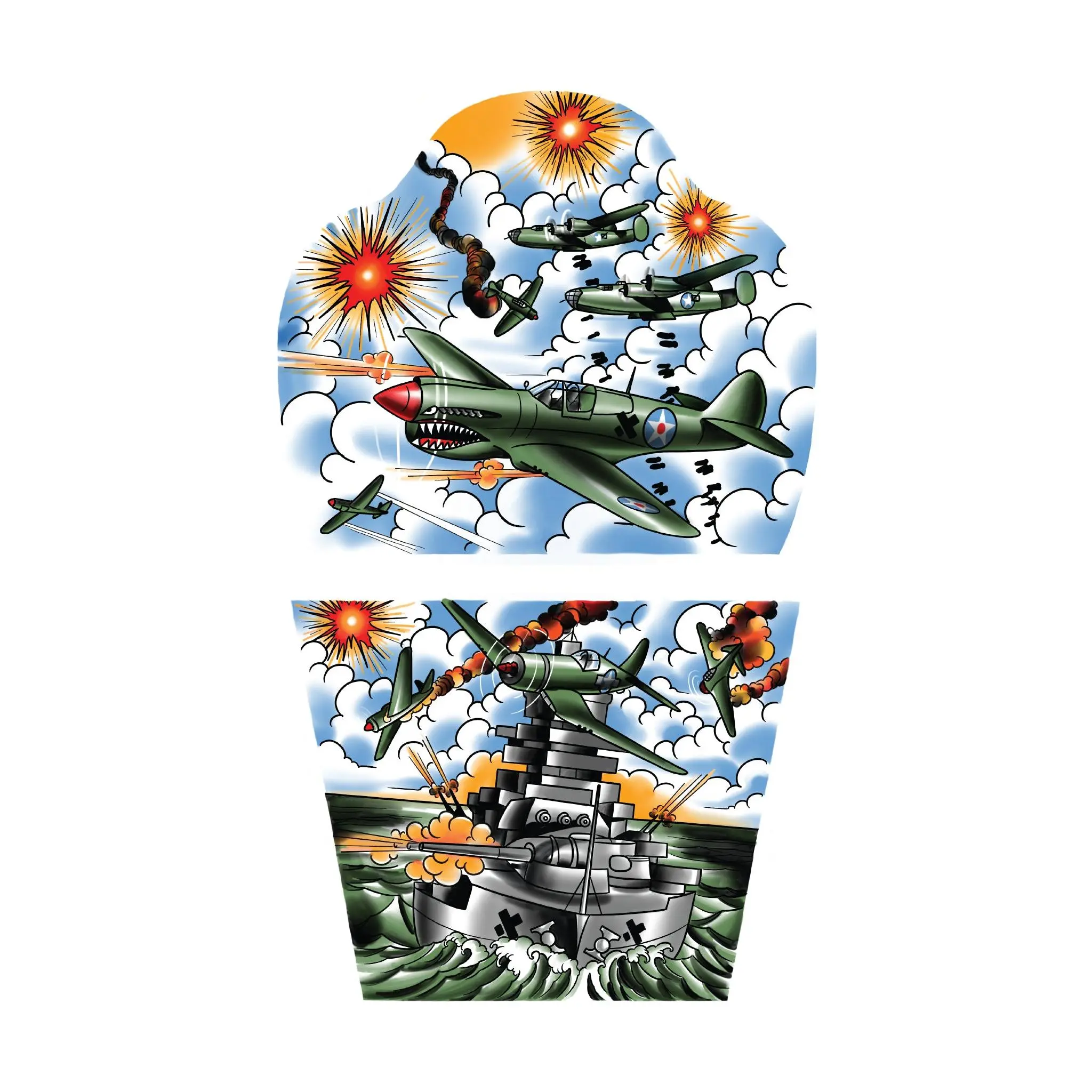 Military Battleship and Bomber Full Arm Temporary Tattoo Sleeve for Kids - Battlestations Fake Tattoo