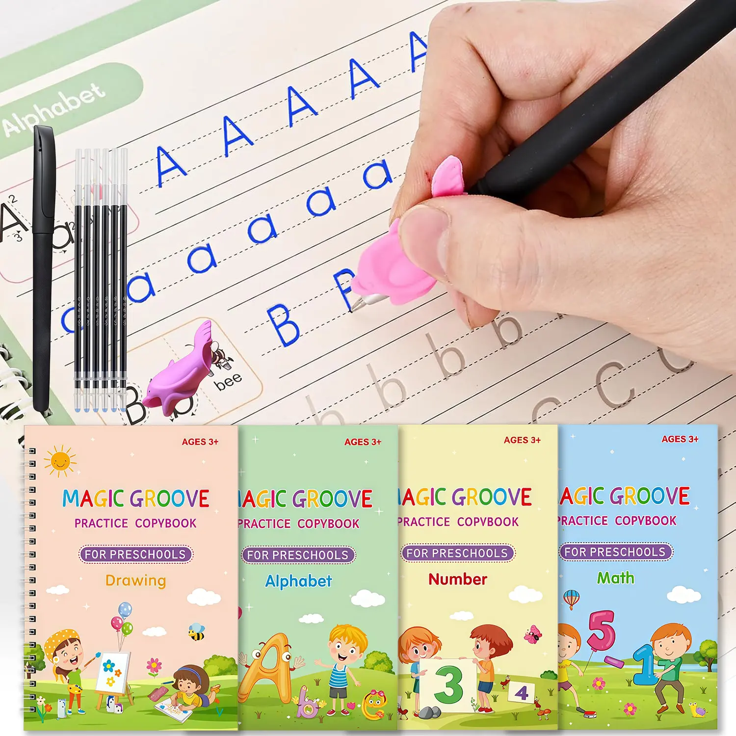4 Pcs Magic Grooved Practice Copybook, Reusable Writing Magic Book, Grooved Handwriting Workbooks, Large Practice Scribe Book Set for Kids Preschool Calligraphy Learning Number Letter Math Drawing Tracing Books