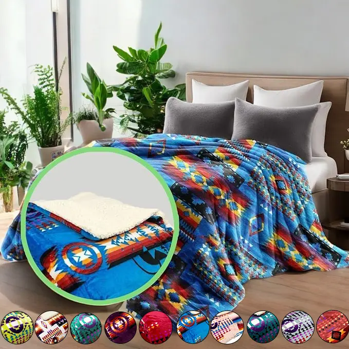Luxury Soft Southwest Native American Indian Vibrant Flannel Sherpa Throw Blanket