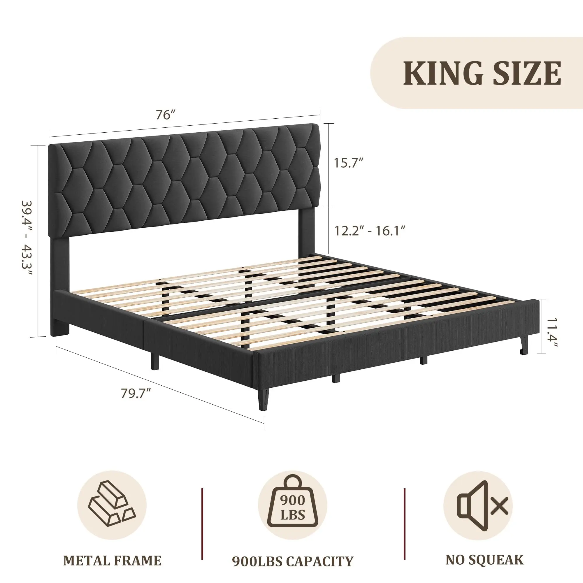 Garvee Grey King Size Upholstered Bed Frame with Headboard, Heavy-Duty Platform Bedframe with Strong Wood Slats, No Box Spring Needed, Easy Assembly, Noise-Free, King Size Bed Frame, Contemporary Bed, Headboard For Bed,dorm essentials,home decor