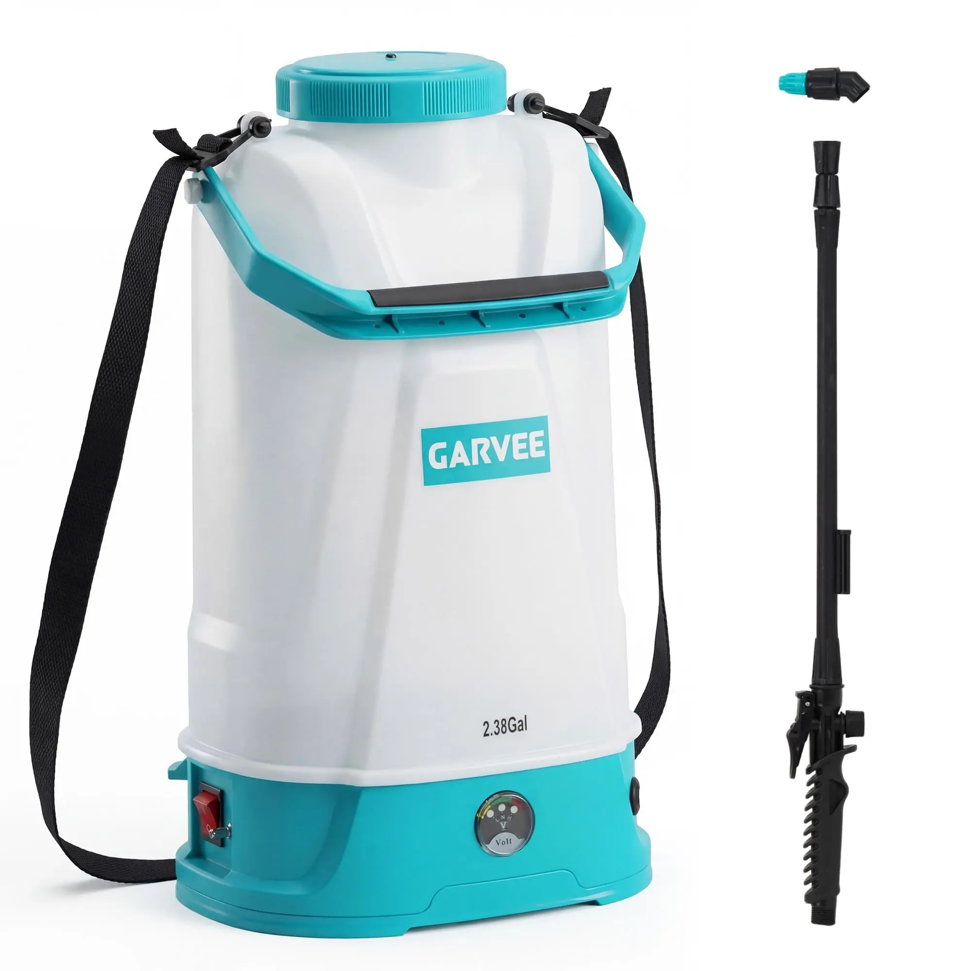 Garvee Battery Powered Garden Sprayer 2.38 Gallon – Adjustable 0-60 PSI Pressure – Rechargeable 12V 2Ah Battery, Wide Mouth Lid, 1 Nozzle & Wand, Adjustable Shoulder Strap
