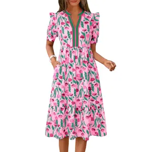 Wenrine Women's Summer Midi Dress Casual Floral Puff Short Sleeve V Neck Swing Flowy Boho Beach Dresses with Pockets