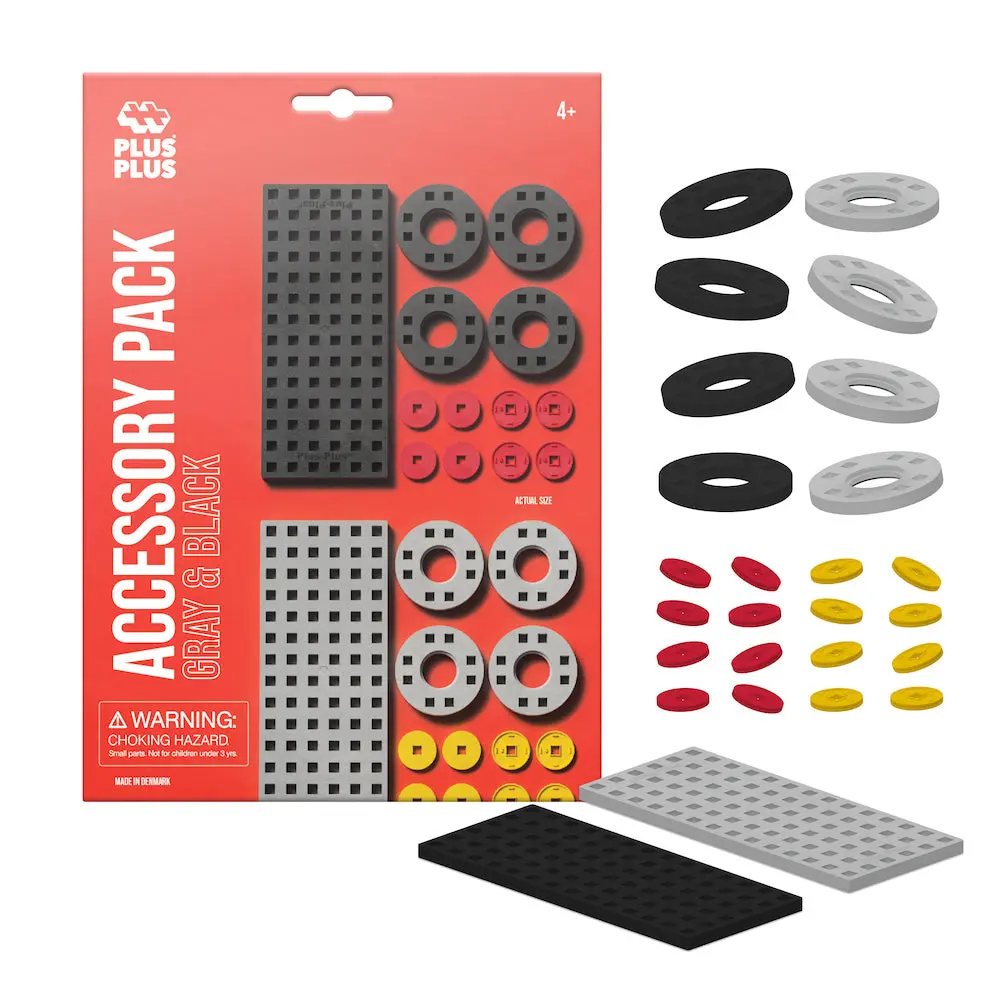 Plus-Plus Accessories Pack - Gray Wheels, Red Hubs, Yellow Hubs, Black Baseplate, Gray & Black Building Toy Accessories for Puzzles & Games