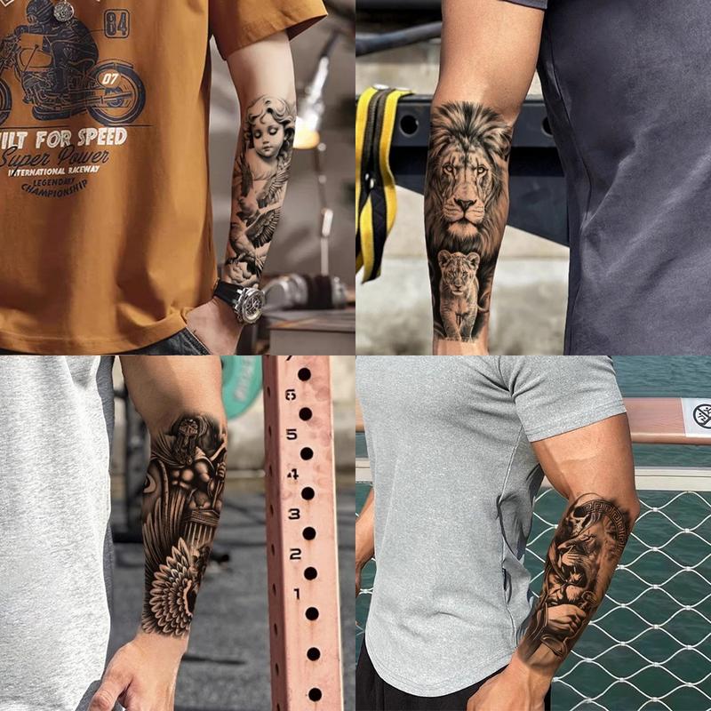 76 Sheets Large Black Temporary Tattoo Stickers - Tribal Wolves, Tigers, Lions, Snakes, Skulls, 12 Fake Tattoo Stickers for Men & Women Arm Designs