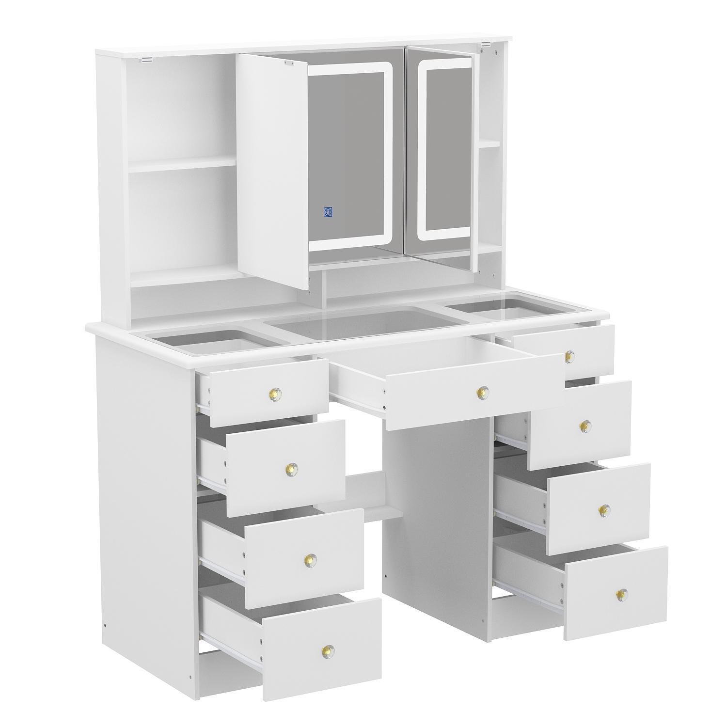 43.3"W Vanity Desk With 9 Drawers, Makeup Desk With 3-Mirror And Touch Screen Light, Dressing Makeup Table For Bedroom