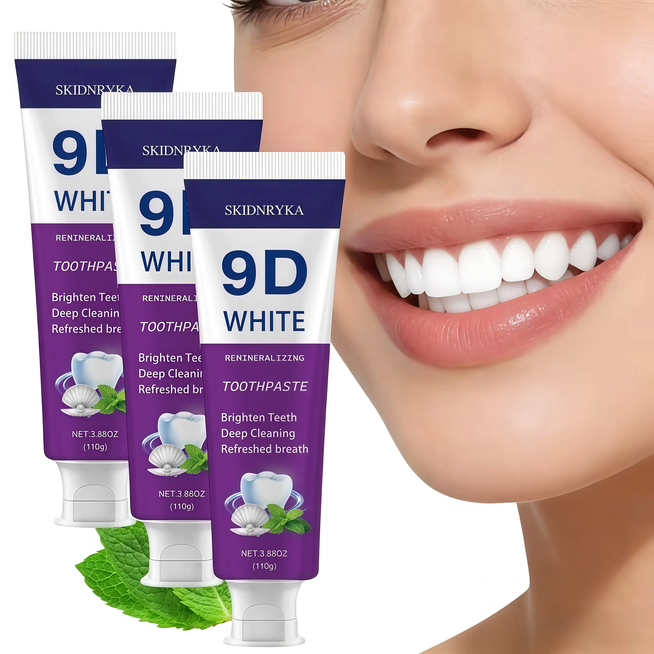 SKIDNRYKA 9D Whitening Toothpaste, available in packs of 1/2/3, contains niacinamide for deep oral cleaning, whitening, and fresh breath; brightens smiles; supports daily oral health and hygiene; tooth care; unisex; travel-friendly.
