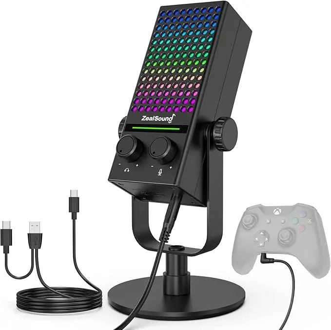 ZealSound BD9 Gaming Microphone for Xbox/PS4/PS5, PC & Mac, Noise Cancellation Streaming Mic with One Tap Mute, RGB Lighting, Monitoring, Gain Control, Condenser Mic for Phone, Computer, Podcast, Gamer, YouTube Audio Smartphone