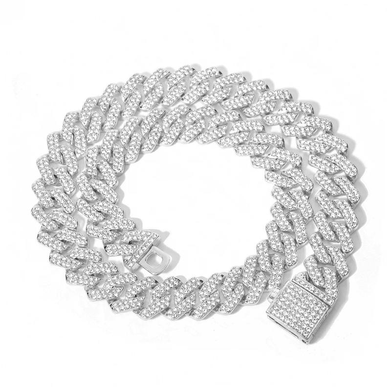 16/18/20/24inch Prong Cuban Link Chain for Women Men Iced Out 2 Row 15mm Rhinestone Miami Rhombus Hip Hop Cuban Necklaces Jewelry