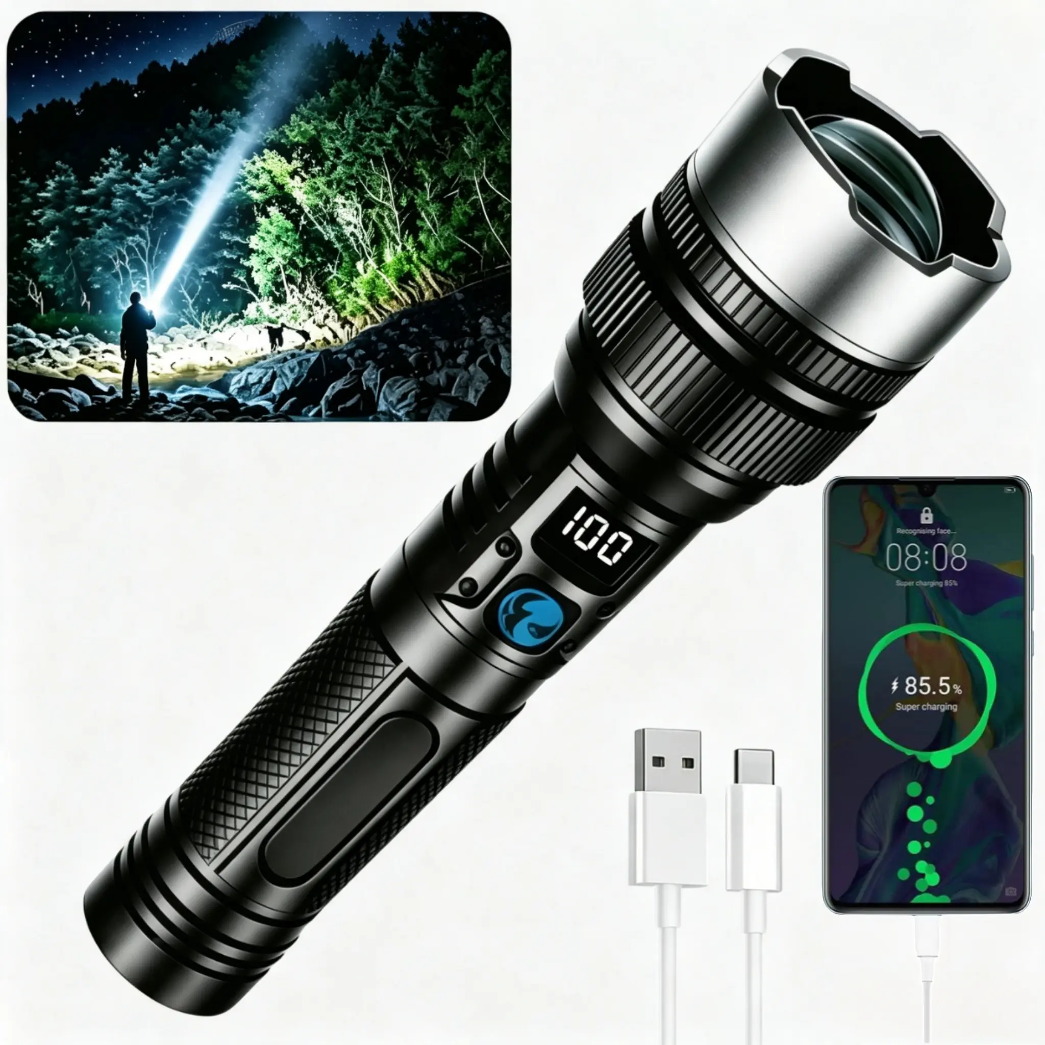 2026 Upgraded LED Chip 2-in-1 Rechargeable Flashlight, High Lumen Zoomable Beam, LED Digital Power Display, 3 Light Modes Waterproof Pocket Flashlight for Camping Hiking Home Emergency, Sohochic