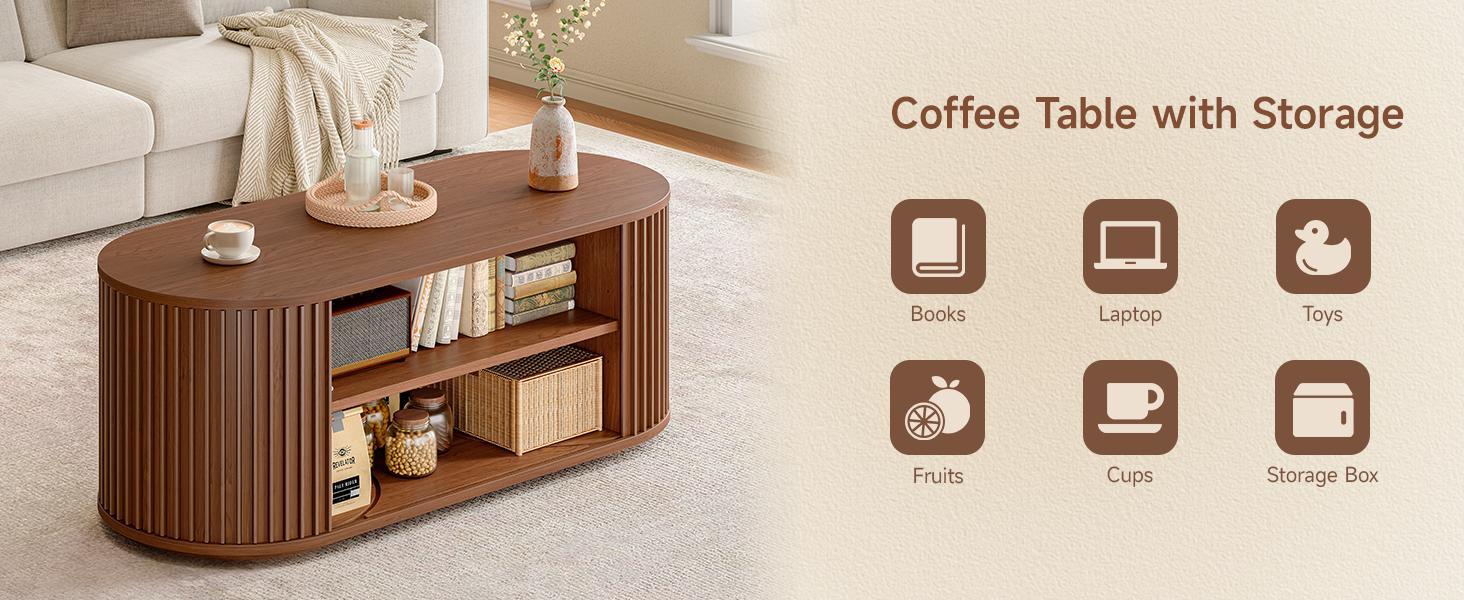 ONBRILL 47" Multi-Functional Coffee Table with Storage, Oval Coffee Table with Vertical Striped Sliding Door & Round Base, Mid-Century Modern Center Table with Adjustable Shelf for Living Room ONBRILL 47" Multi-Functional Coffee Table with Storage, Oval Coffee Table with Vertical Striped Sliding Door & Round Base, Mid-Century Modern Center Table with Adjustable Shelf for Living Room