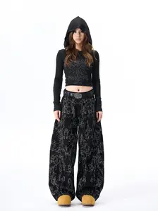 ThreadParty Unisex Avant Garde Deconstructed Jeans Random Grass Embroidery High Street Wide Leg Culottes Statement Vintage Wash Comfortable Bold Silhouette