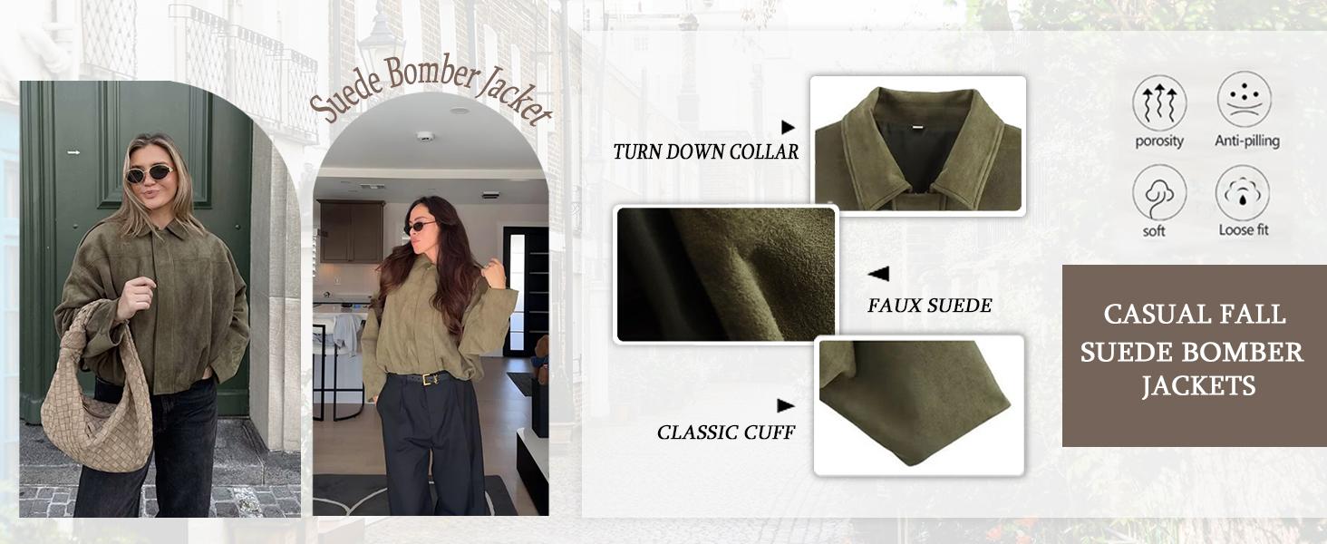 Tanming Women's Faux Suede Bomber Jacket Oversized Lapel Zip Up Pilot Coat Streetwear Motorcycle Outerwear with Epaulets Chic Batwing Sleeves Pleated Hem TikTokShopBlackFriday Casual Everyday Wear