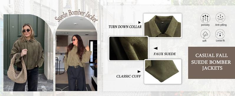 Tanming Women's Faux Suede Bomber Jacket Oversized Lapel Zip Up Pilot Coat Streetwear Motorcycle Outerwear with Epaulets Chic Batwing Sleeves Pleated Hem TikTokShopBlackFriday Casual Everyday Wear