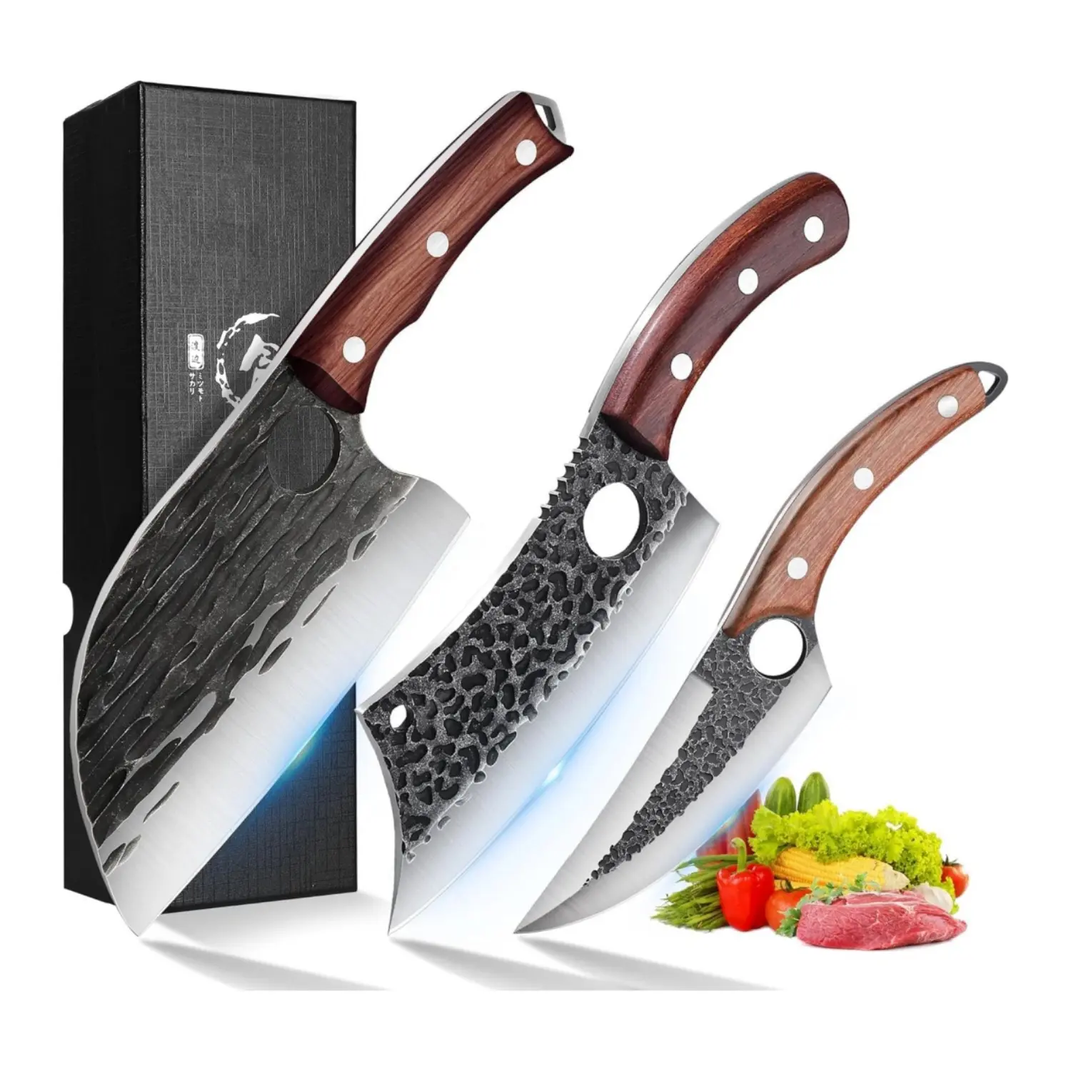 ROCOCO 3PCS Butcher Knife Set - Chef Knife Viking Boning Cleaver for BBQ Birthday Father Mother Christmas Gift Idea Men Women