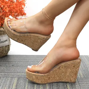 Trending Clear Cork Wedge Womens High Heel Sandals Platform Open Toe Slip-On for Comfort and Casual Wear Versatile Everyday Style