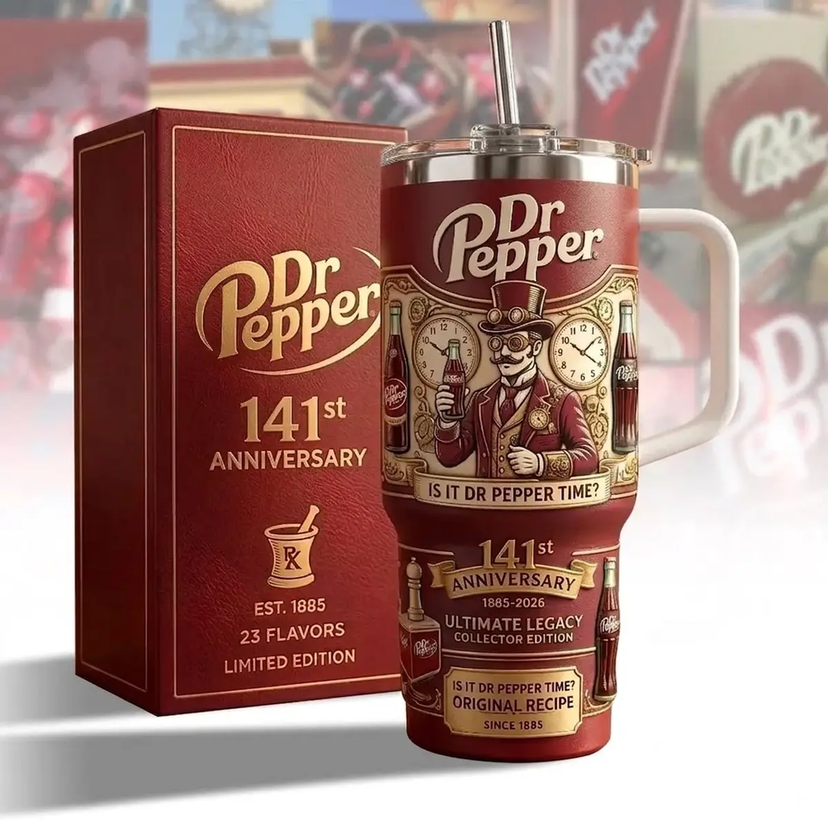 Dr Pepper 141st Anniversary Limited Edition 40oz Tumbler - Ultimate Legacy Collector Edition Travel Mug - Steampunk Vintage Style Insulated Cup with Handle - Since 1885 Original Recipe Soda Fan Gift
