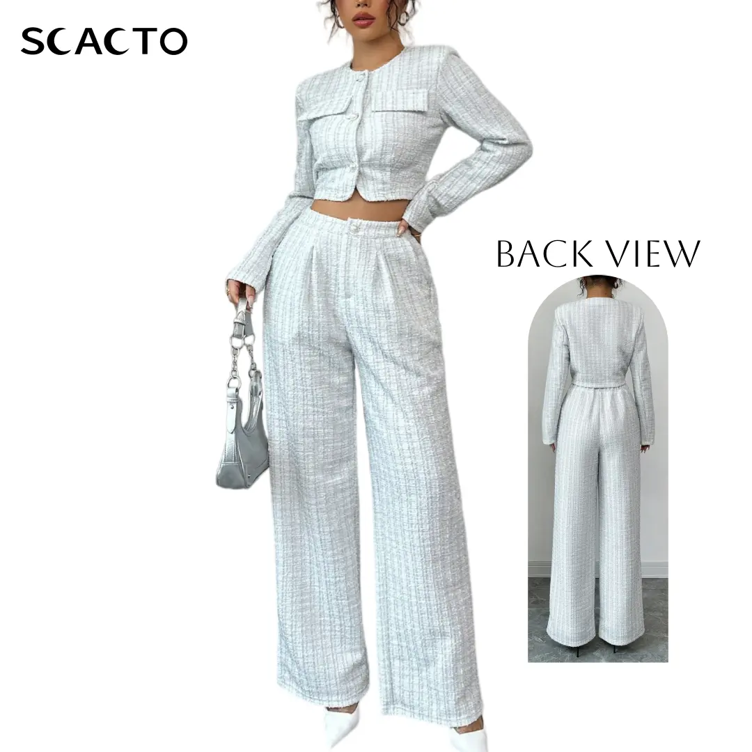 Scacto Women's Casual 2-Piece Tweed Set, Textured Long Sleeve Jacket with Pearl Buttons and Matching Shorts, Women's Clothes, Polyester Blend