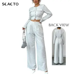 Scacto Women's 2-Piece Spring & Autumn Set - Long-Sleeve Textured Round Neck Jacket with Pearl Buttons, Tweed Short Pants,summerwins