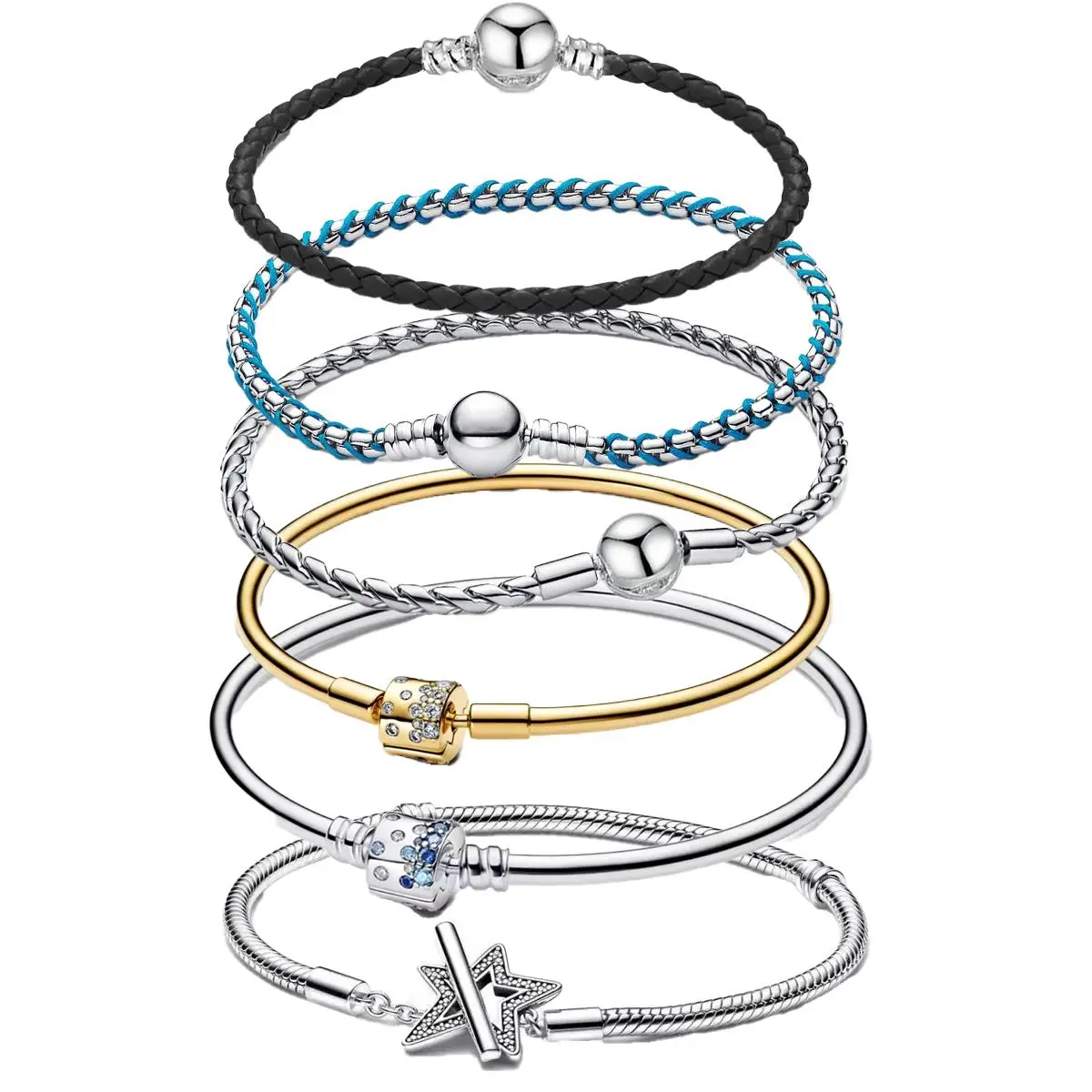 925 Sterling Silver 17-20cm Leather Round-Shaped Five-pointed Star Luxury Pendant Bracelet For DIY Bead Charms Jewelry