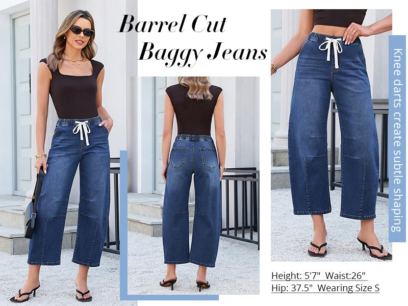 GRAPENT Barrel Jeans for Women Trendy High Waisted Cropped Baggy Wide Leg Pull On Elastic Waist Stretchy Denim Pants