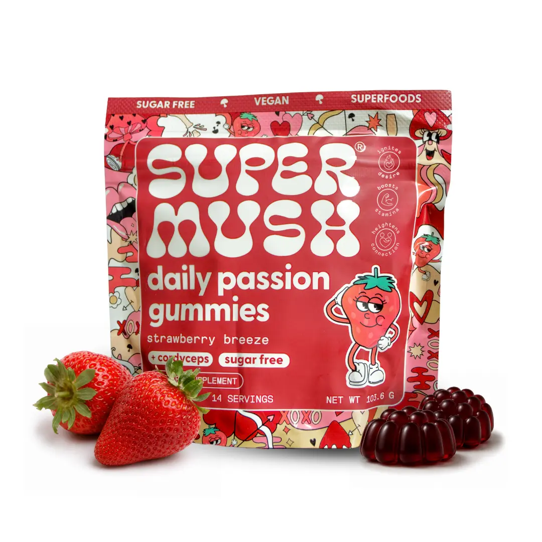 SuperMush Daily Passion Goat Weed Gummies for Men & Women - Intimacy Gummies with Cordyceps, Reishi & Maca Root - Ignite Feel-Good Vibes & Lasting Energy Supplement, Made in the USA (10, 28 or 60 Gummies Pack)