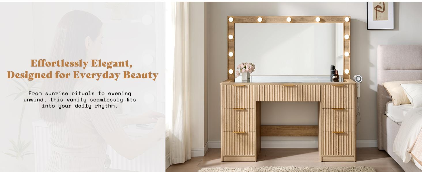 VanAcc 36.2/47.2" Fluted Vanity Desk with Mirror and Adjustable LED Lights, Large 4/7 Drawers Makeup Table with Glass Top and Charging Station for Women and Girls, Bedroom or Dorm