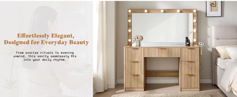 VanAcc 36.2/47.2" Fluted Vanity Desk with Mirror and Adjustable LED Lights, Large 4/7 Drawers Makeup Table with Glass Top and Charging Station for Women and Girls, Bedroom or Dorm