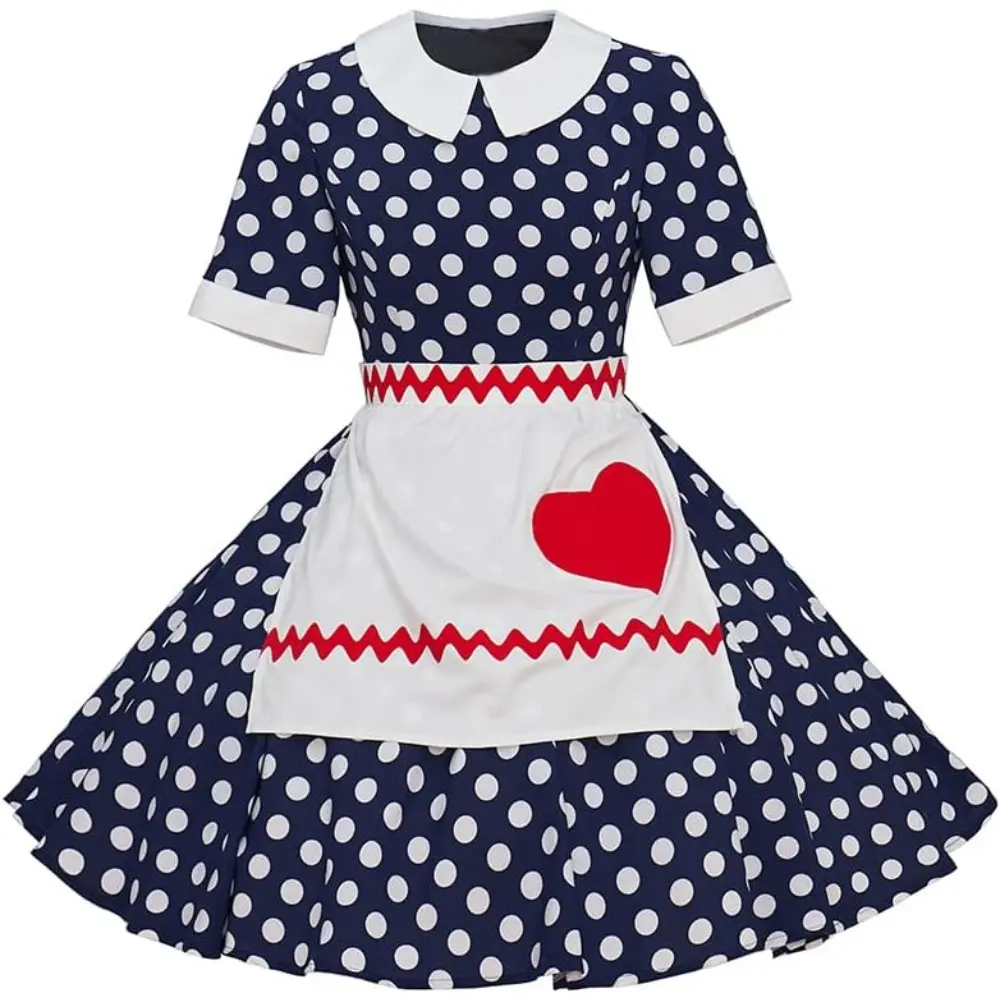 Women's 1950s Vintage Polka Dot Fit-and-Flare Costume Dress with Matching Apron - Golden, Lightweight Fabric, Low Iron, 2XL-3XL-XXXL, Elegant Hip Style, Themed Party Outfits, Hand Washable, Funny Clothes, Multicolor, Elegance