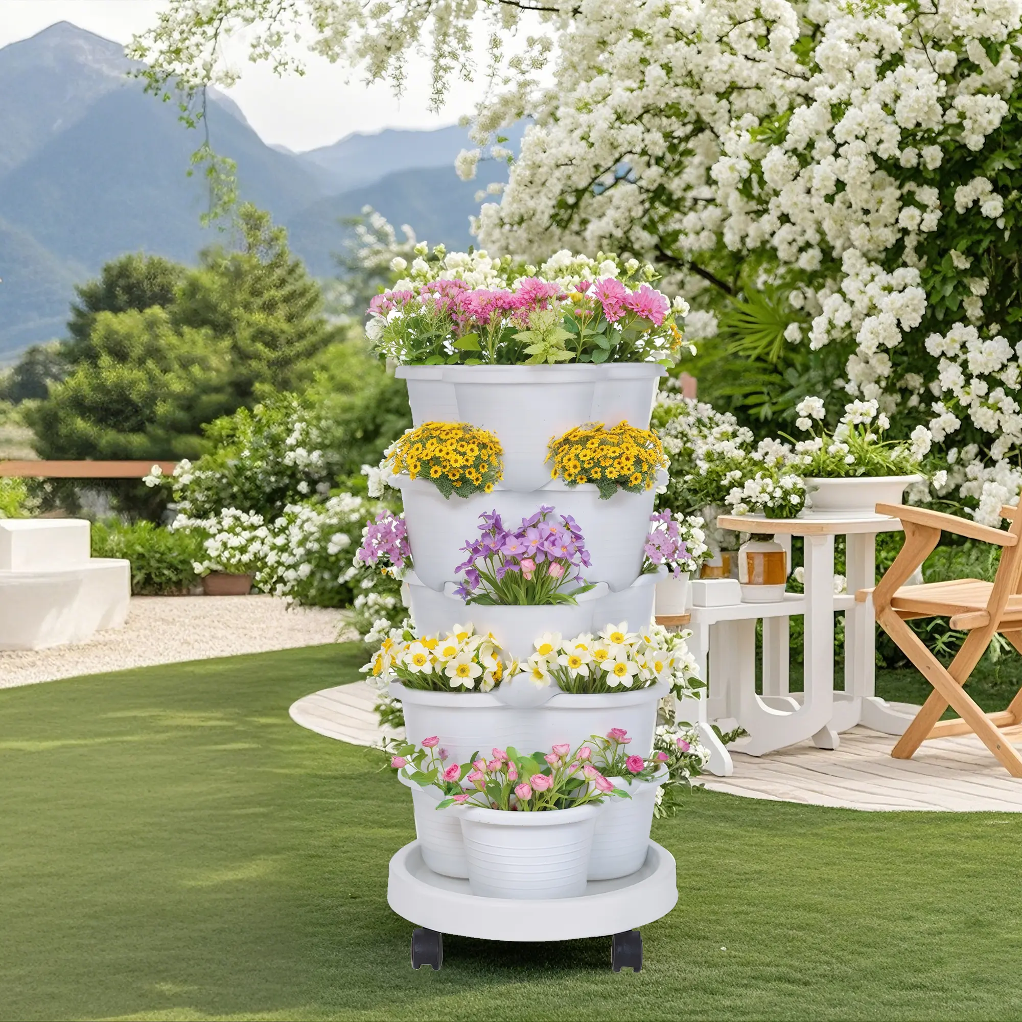 VECELO 5-Tier Vertical Gardening Stackable Planter for Strawberries, Flowers, Herbs, Vegetables and Succulents, White, Outdoor Planter Boxes, Patio Planters