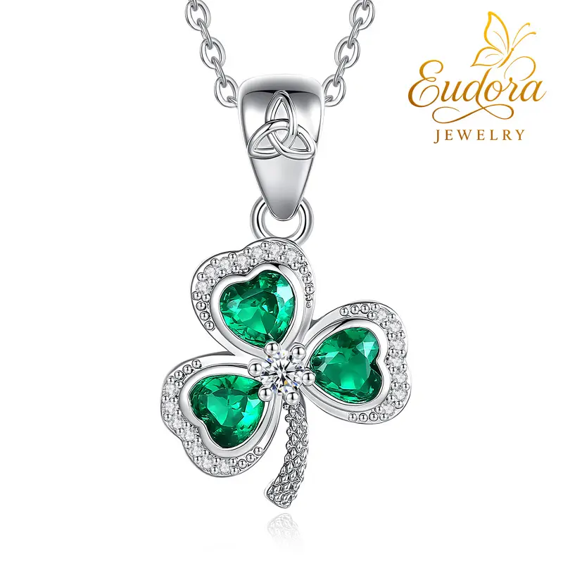Eudora Celtic Shamrock Necklace Rhodium Plated Green Heart Crystal Pendant Lucky Irish Jewelry Gift For Women Girls